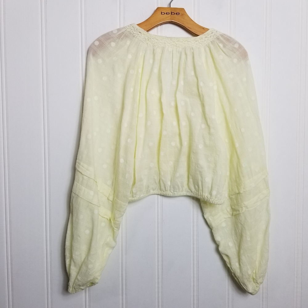 Free People Ballon Sleeve Crop Top Womens Yellow Button V Neck Longsleeve - Picture 7 of 15